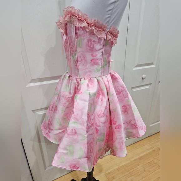 Dolls Kill Sugar Thrillz Forever Fancy Corset Pink Floral Rose Lace Mini Dress S - Picture 10 of 13